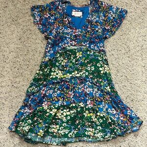 Anthropologie Robin Tiered Mini Dress Blue Green Floral